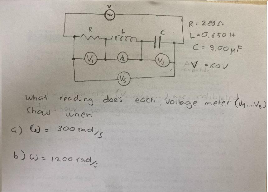 Solved R L HH R=28on L=0.550H C-9.00uF 2 V₃ AV Gov (VG each | Chegg.com
