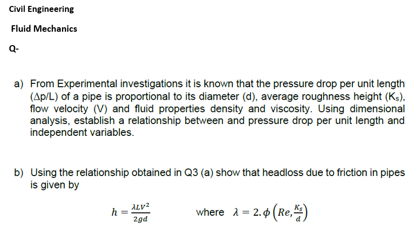 Solved Civil Engineering Fluid Mechanics Q- a) From | Chegg.com