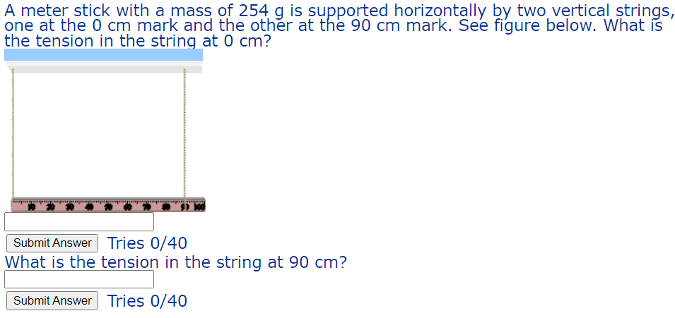 Solved A meter stick with a mass of 254 g is supported | Chegg.com