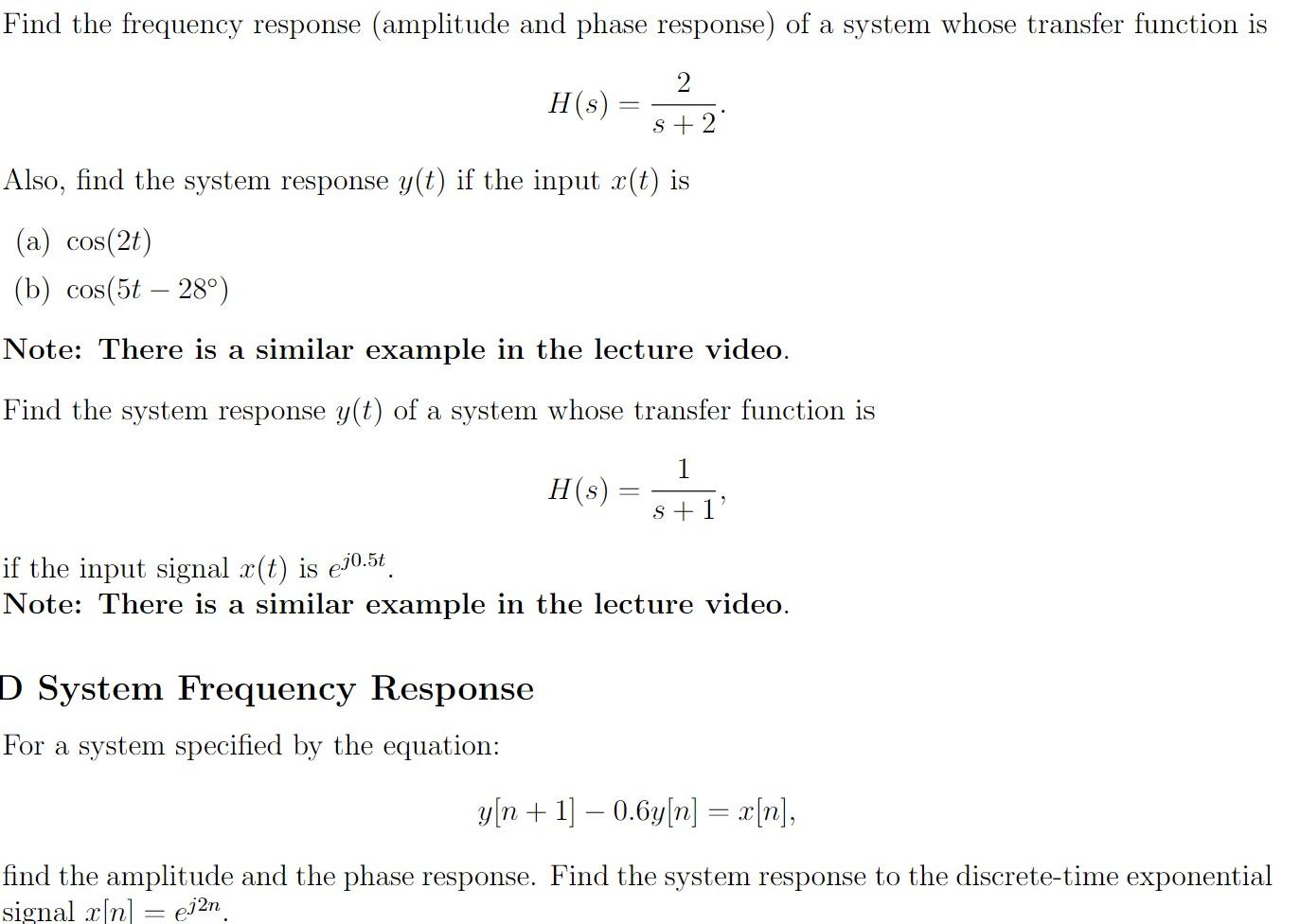 Solved Find the frequency response (amplitude and phase | Chegg.com