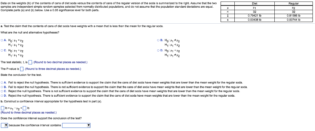 Solved Data on the weights b f the contents of cans of diet | Chegg.com