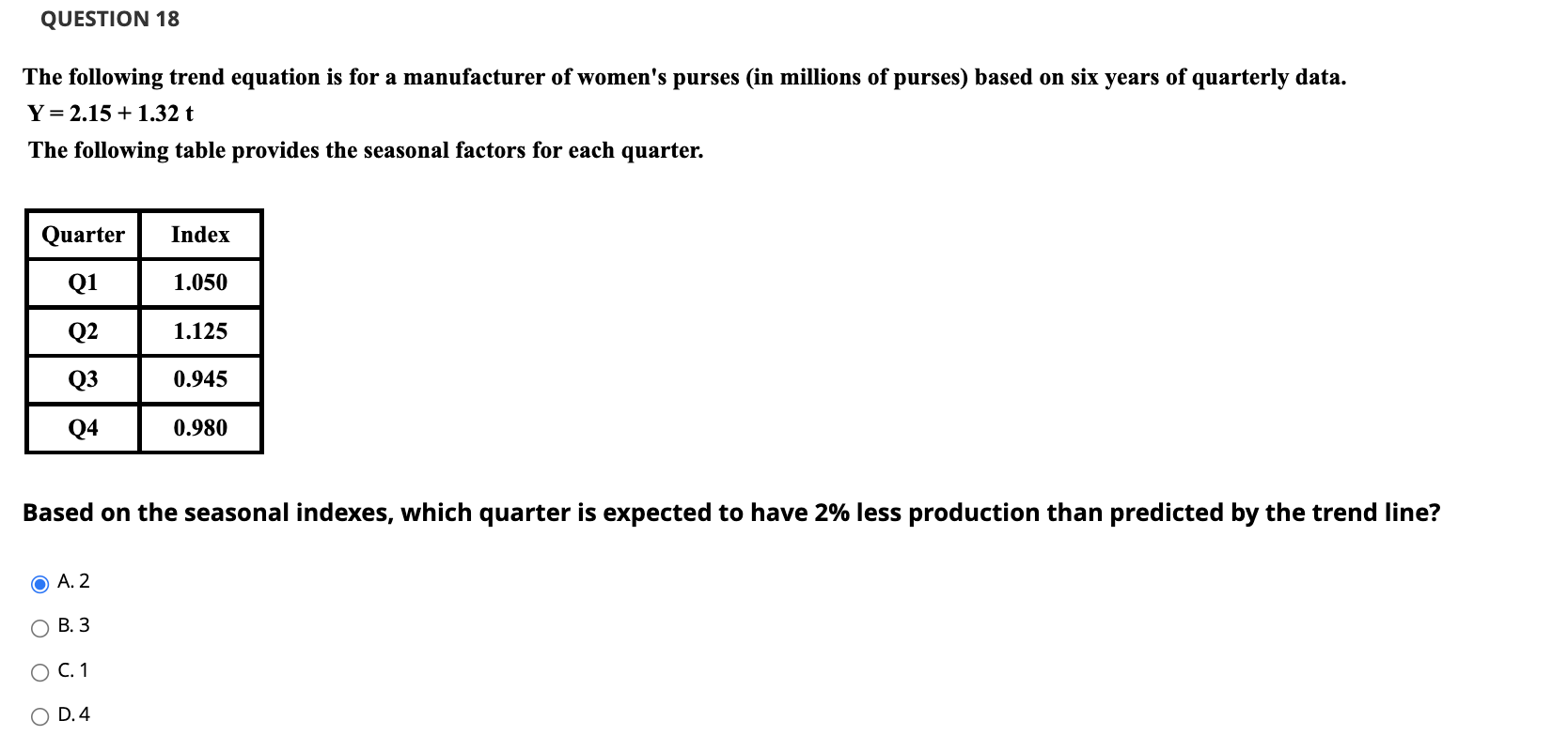 Solved QUESTION 18 The following trend equation is for a | Chegg.com