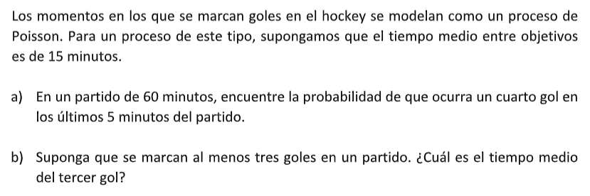 Los momentos en los que se marcan goles en el hockey se modelan como un proceso de Poisson. Para un proceso de este tipo, sup