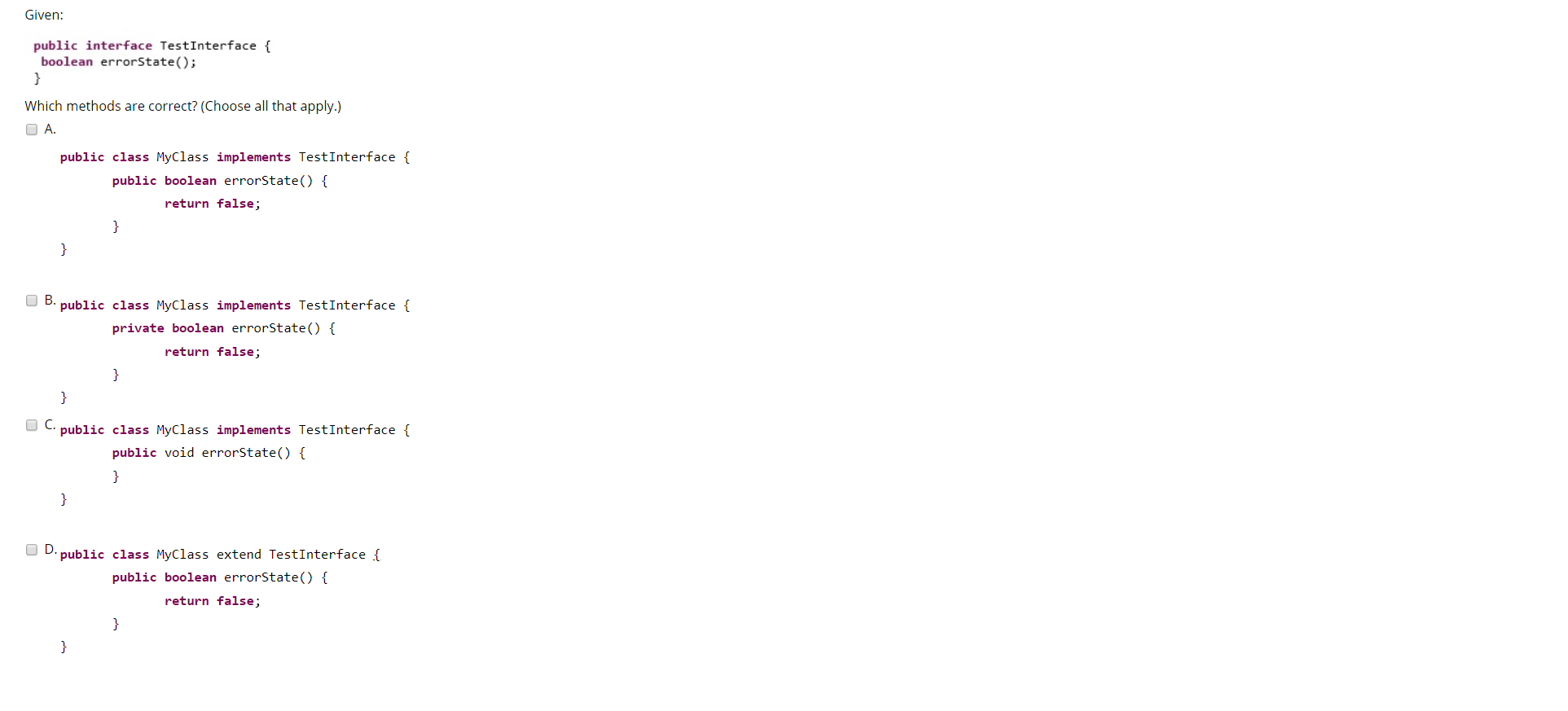 Solved Given: public interface Test Interface { boolean | Chegg.com