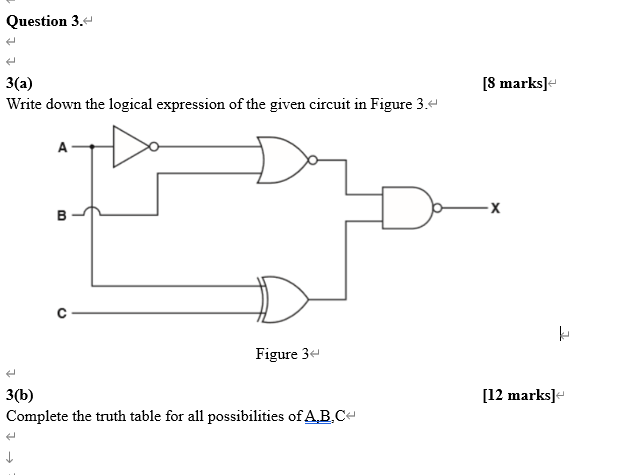 3(a)
[8 marks]
Write down the logical expression of the given circuit in Figure 3.
3(b)
[12 marks]
Complete the truth table f