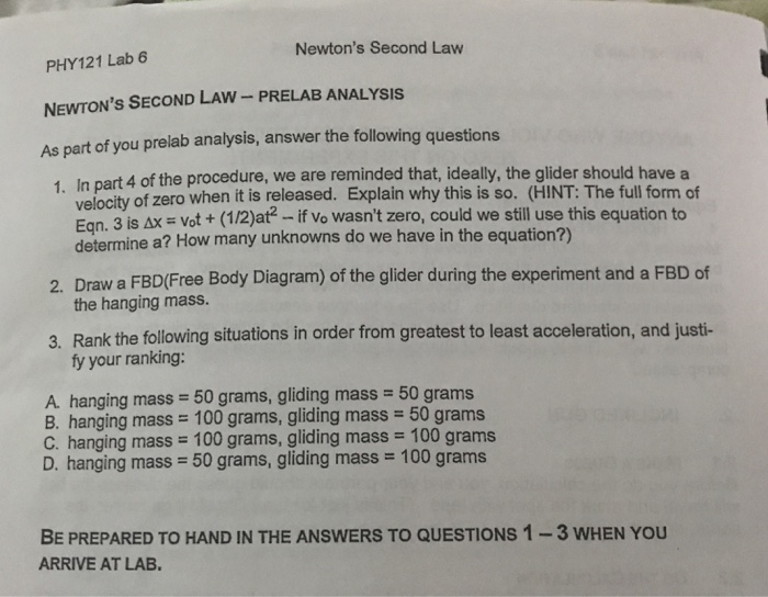 Solved Newton's Second Law PHY121 Lab 6 NEWTON's SECOND LAW- | Chegg.com