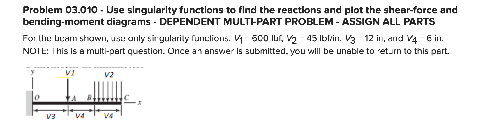 Problem 03.010 - Use singularity functions to find the reactions and plot the shear-force and
bending-moment diagrams - DEPEN