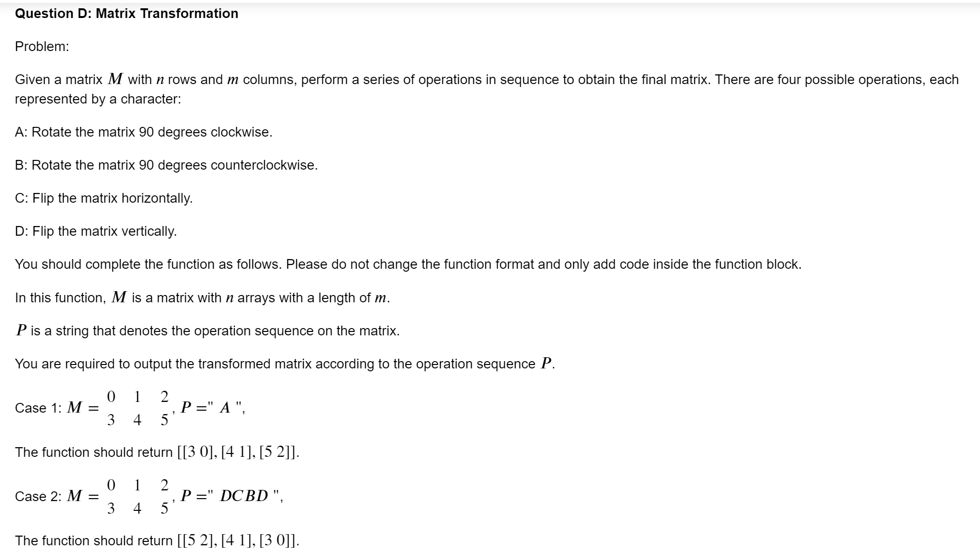 Solved Problem: Given a matrix M with n rows and m columns, | Chegg.com