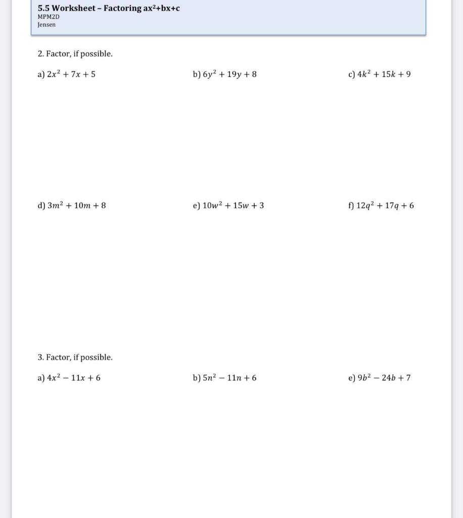 Solved 2222222222222222.2222222222222222 Worksheet - Factoring ax22222222+bx+c MPM22222222D Jensen 22222222.  Chegg.com With Regard To Factoring Ax2 Bx C Worksheet