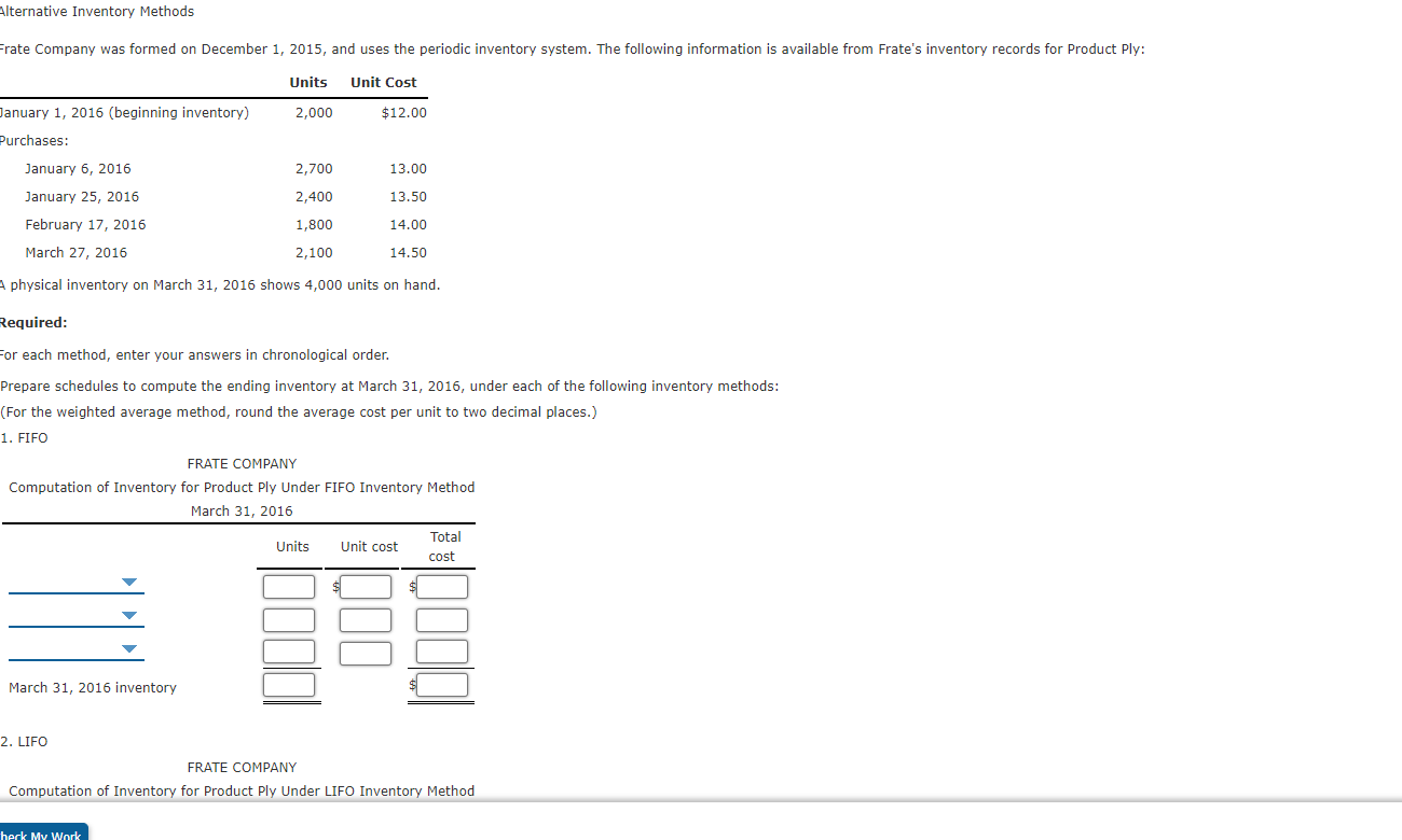 Solved Alternative Inventory Methods Frate Company was | Chegg.com
