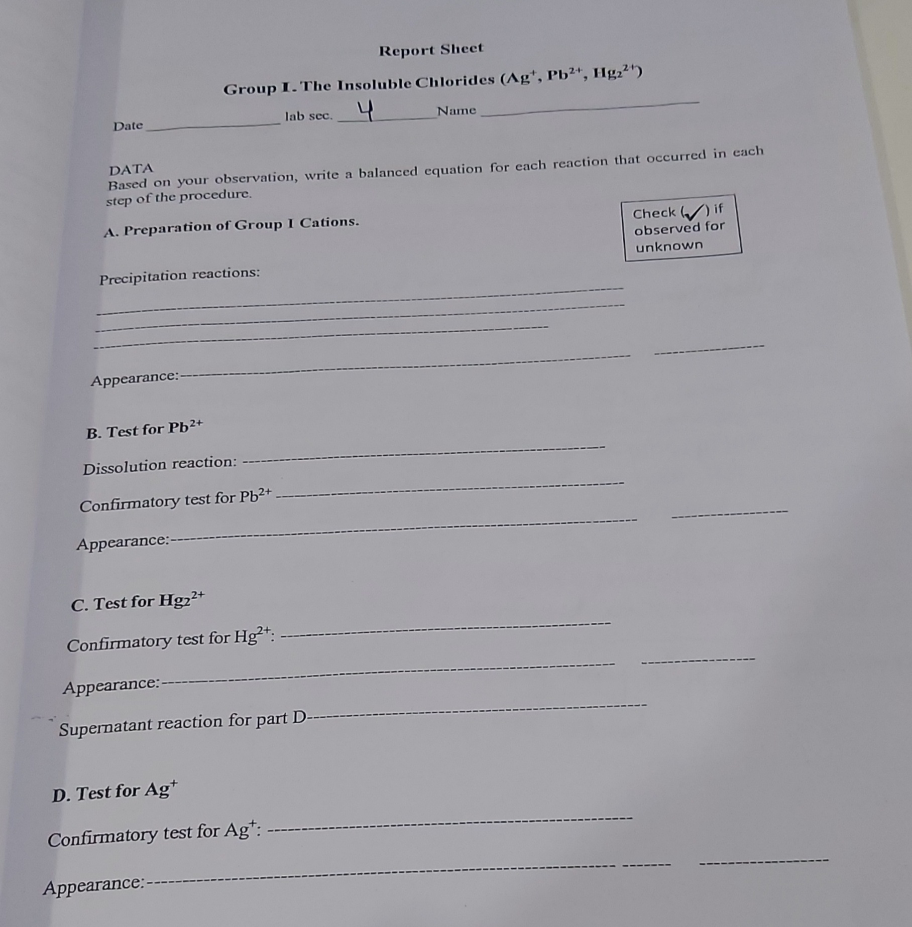 E. Group I Cations present in unknownB. Test for