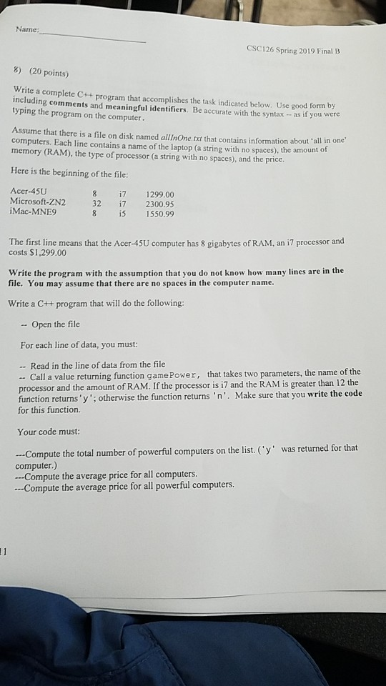 Solved Name: CSC126 Spring 2019 Final B 8) (20 points) Write | Chegg.com