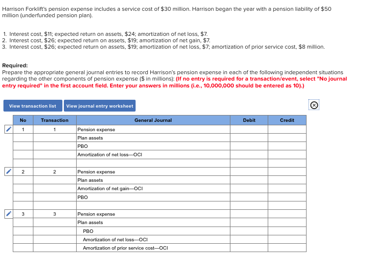 Solved Harrison Forklift's pension expense includes a