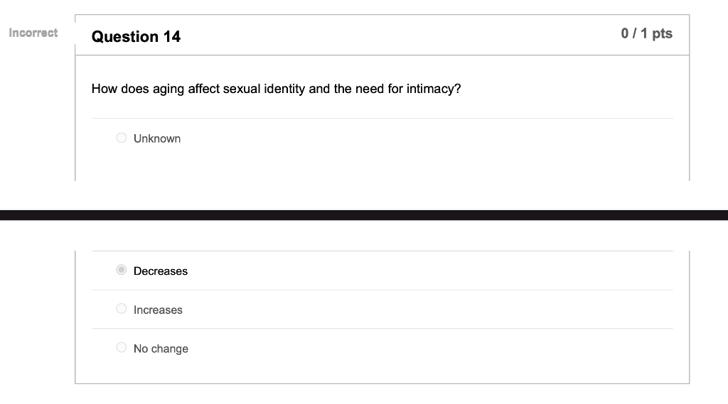 Incorrect Question 14 0/1 pts How does aging affect sexual identity and the need for intimacy? O Unknown Decreases Increases