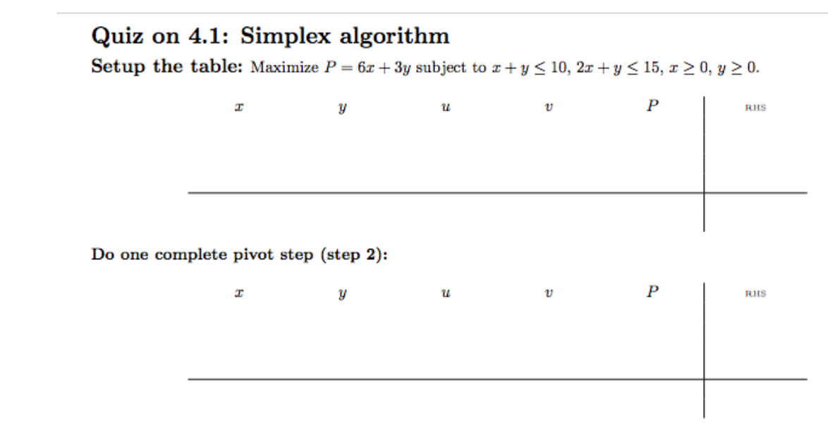 Solved Quiz on 4.1: Simplex algorithm Setup the table: | Chegg.com