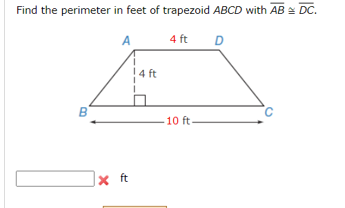 Solved Find the perimeter in feet of trapezoid ABCD with | Chegg.com