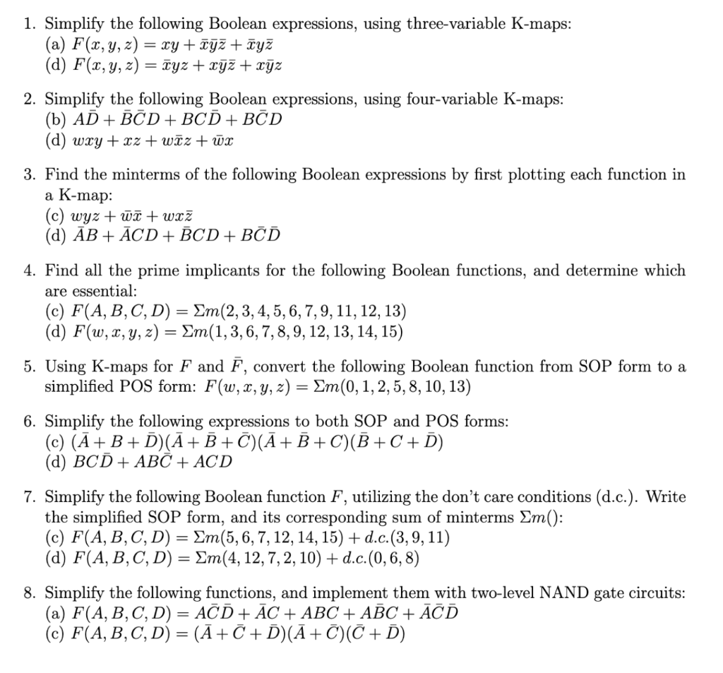 Solved 1 Simplify The Following Boolean Expressions Usi Chegg Com