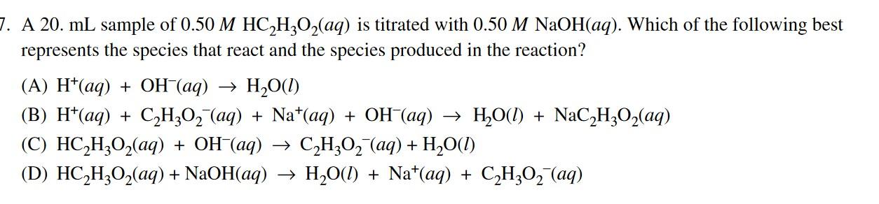 Solved A 20. mL sample of 0.50MHC2H3O2(aq) is titrated with | Chegg.com