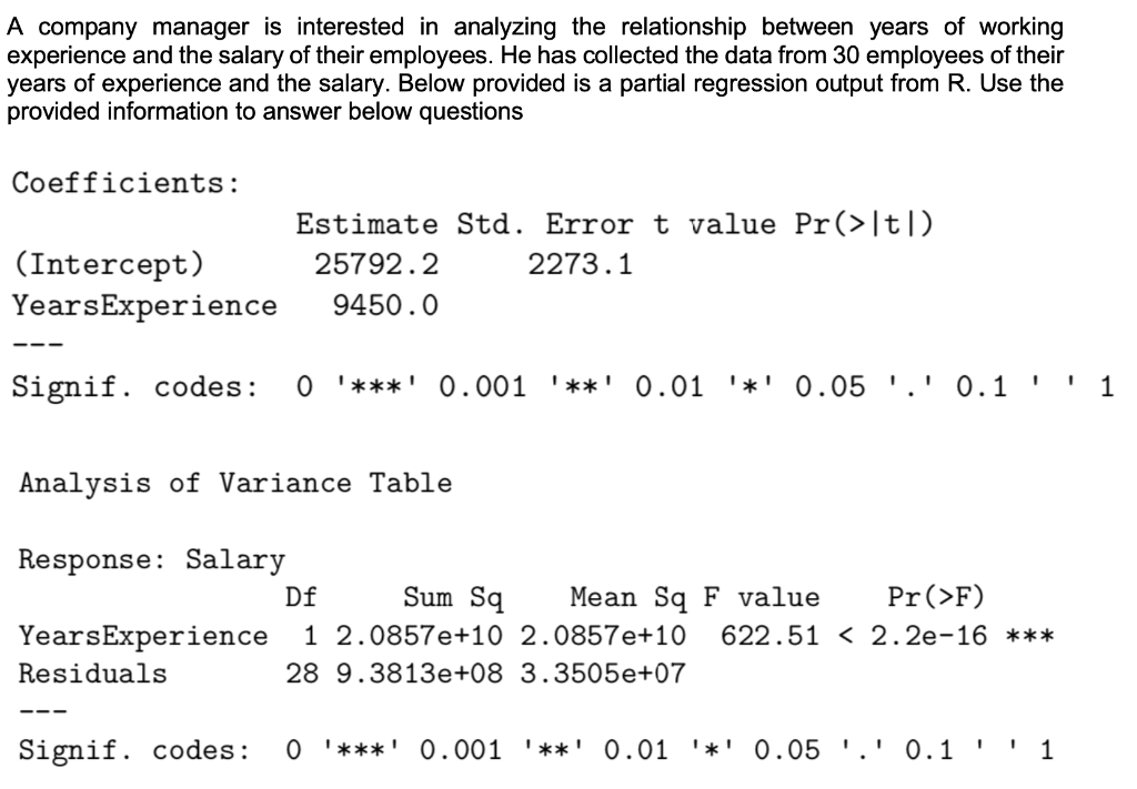 Solved A company manager is interested in analyzing the | Chegg.com