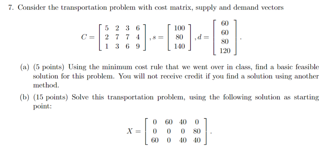 Solved Consider The Transportation Problem With Cost Matrix, 