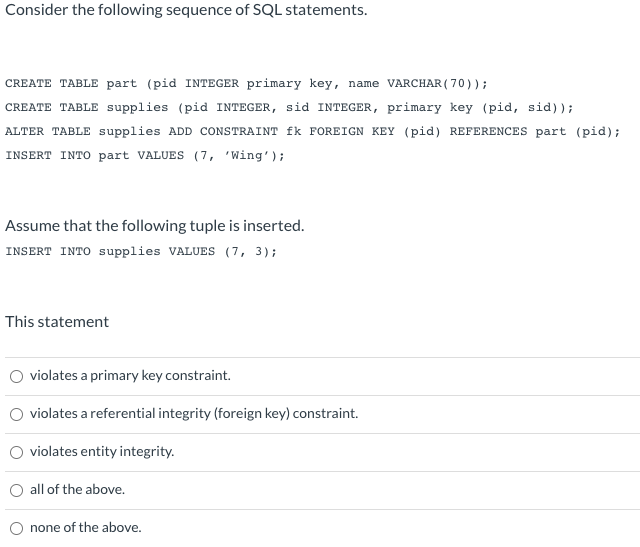 Solved Consider the following sequence of SQL statements. | Chegg.com