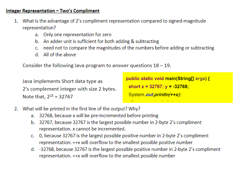 Solved Integer Representation - Two's Compliment 1. What is | Chegg.com