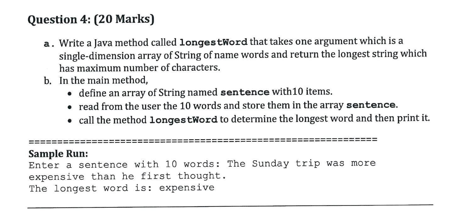 Solved Question 4: (20 Marks) a. Write a Java method called | Chegg.com