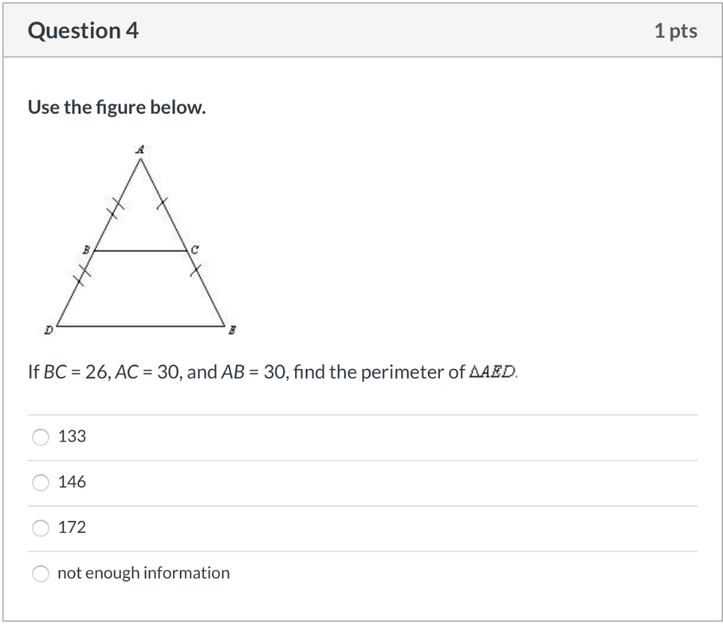 Solved Question 3 1 pts Use the figure below. D If BC = 26, | Chegg.com