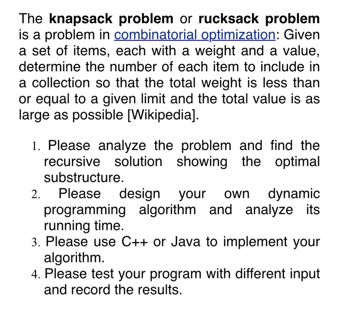 Solved The knapsack problem or rucksack problem is a problem | Chegg.com