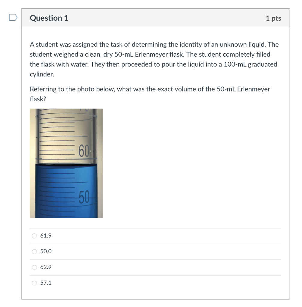 Question 1
A student was assigned the task of determining the identity of an unknown liquid. The
student weighed a clean, dry