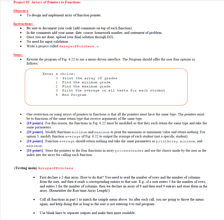 2D Arrays and Arrays of Pointers to Funtions | Chegg.com