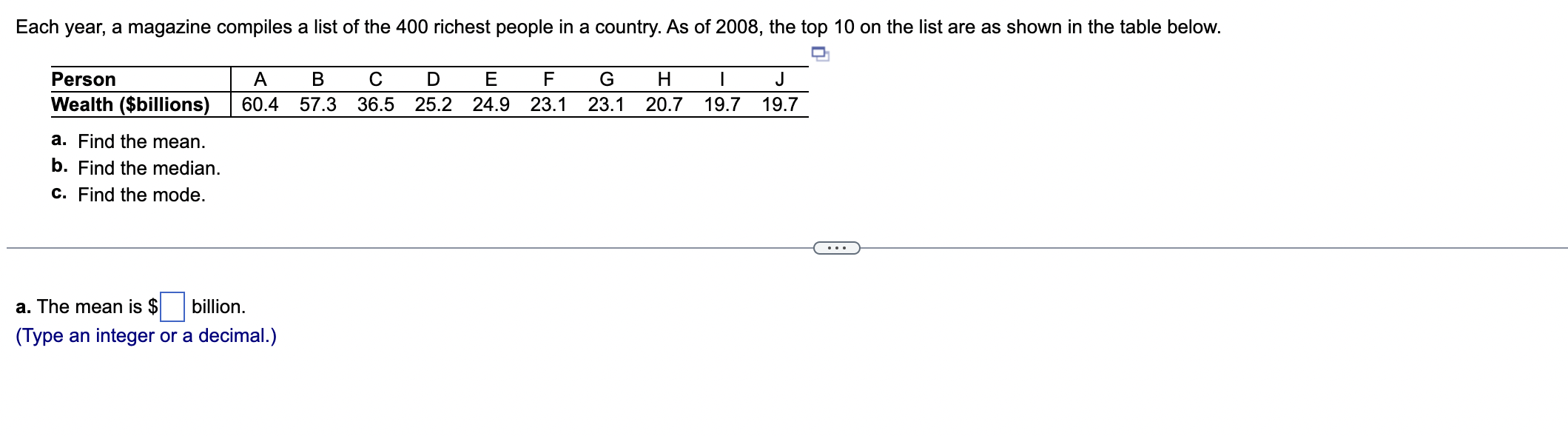 Solved a. The mean is $ billion. (Type an integer or a | Chegg.com