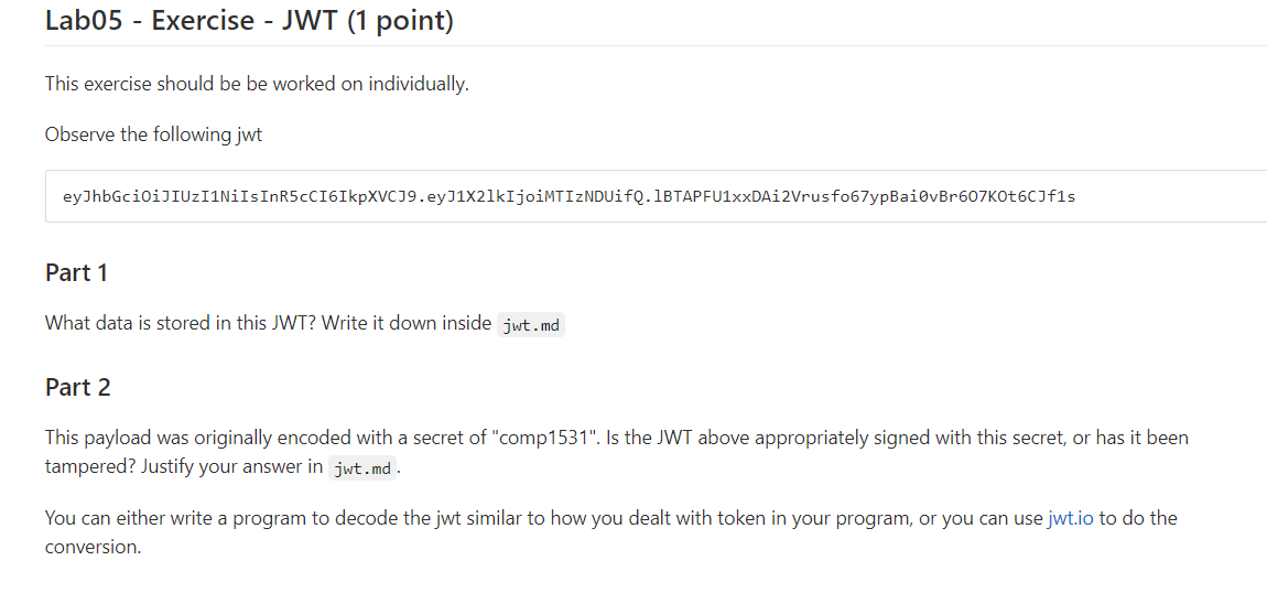 Solved Lab05 - Exercise - JWT (1 point) This exercise should | Chegg.com