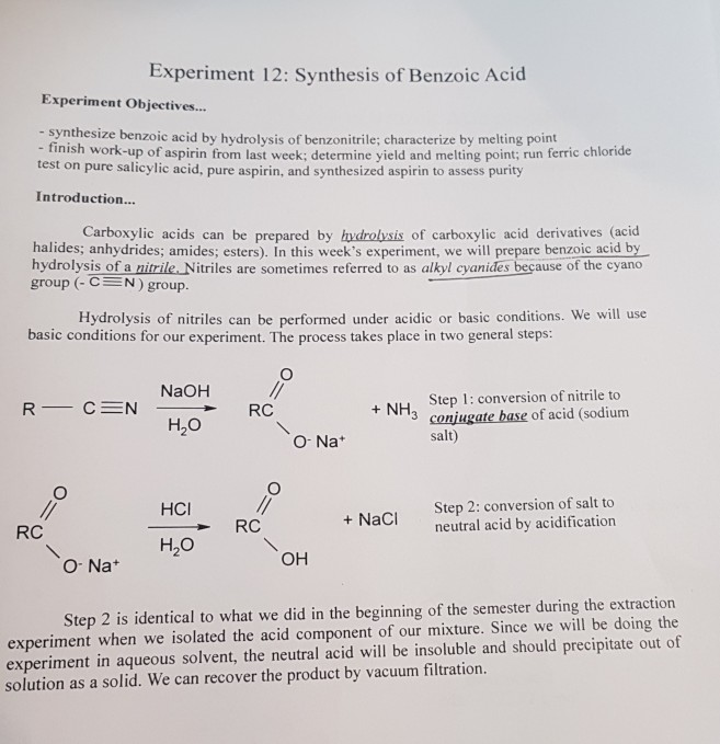 Solved Experiment 12 Synthesis of Benzoic Acid Experiment