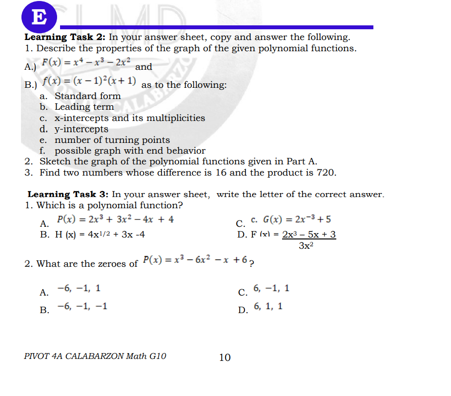 Solved E A F Learning Task 2 In Your Answer Sheet C Chegg Com