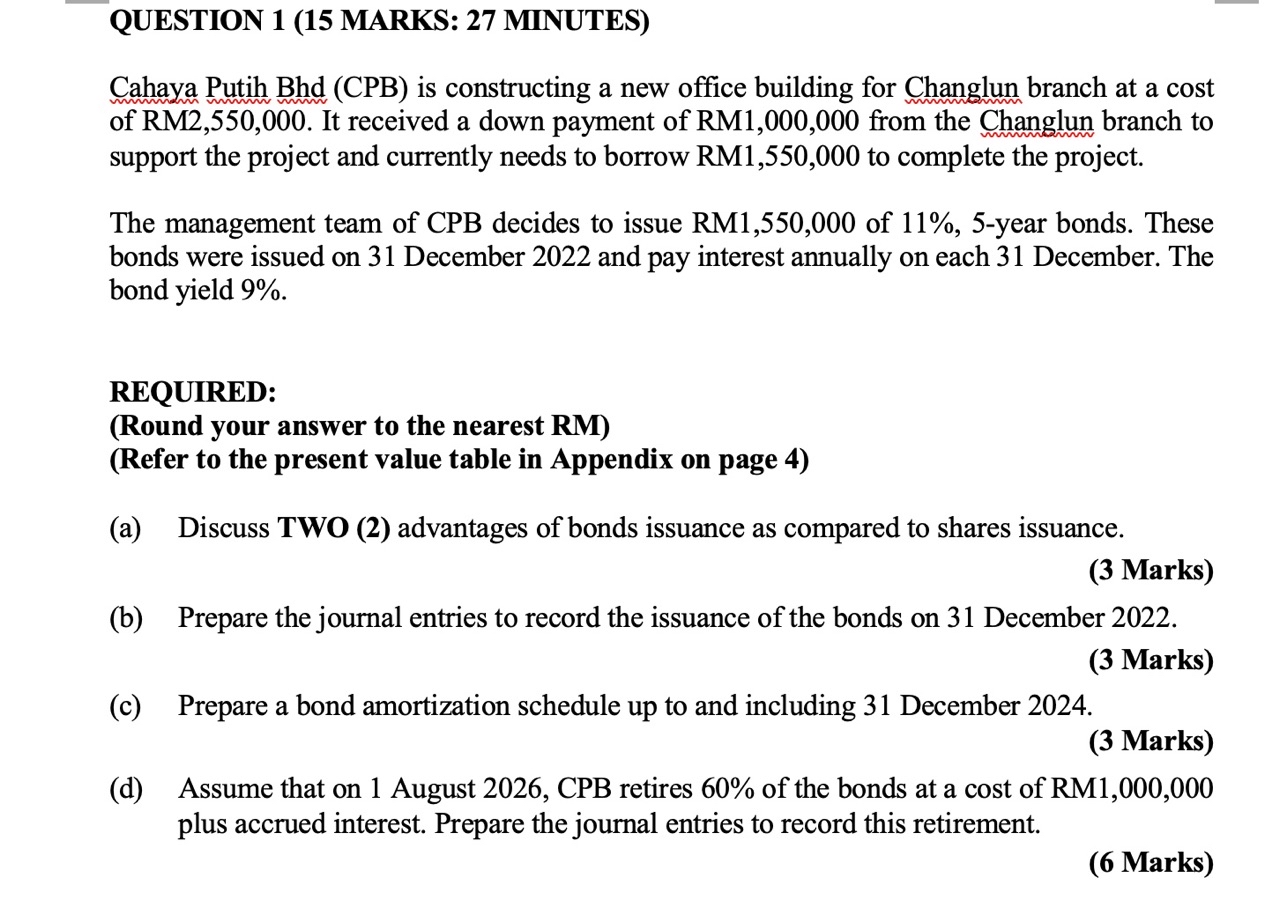 Solved QUESTION 1 (15 MARKS: 27 MINUTES) Cahaya Putih Bhd | Chegg.com