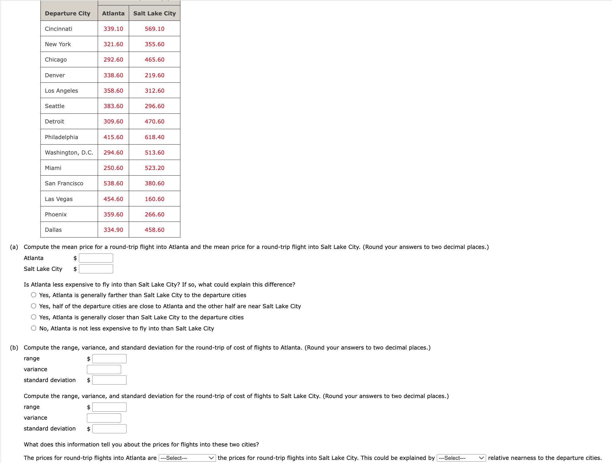 Solved (a) the mean price for a roundtrip flight