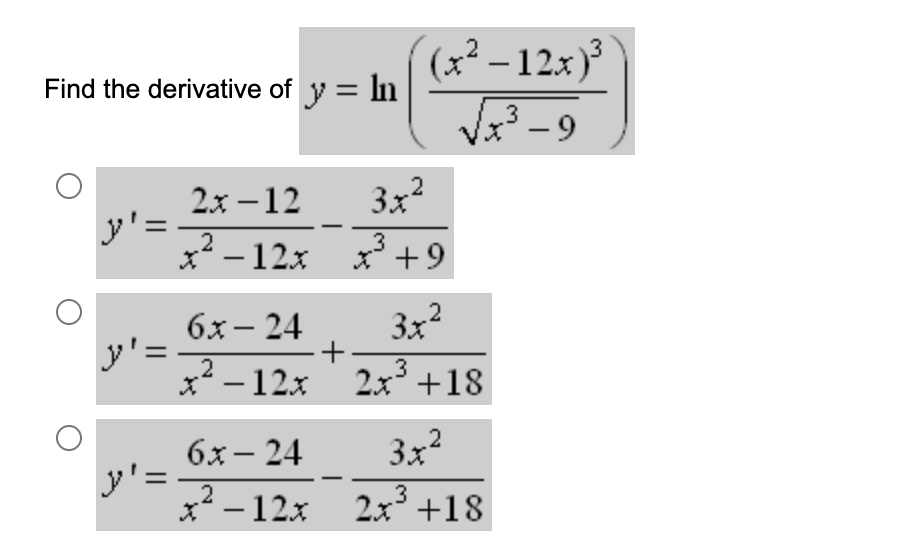 Find the derivative of \( y=\ln \left(\frac{\left(x^{2}-12 x\right)^{3}}{\sqrt{x^{3}-9}}\right) \) \[ y^{\prime}=\frac{2 x-12