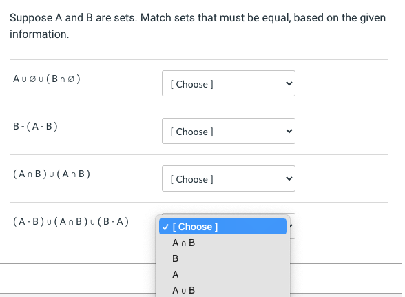 Solved Suppose A And B Are Sets. Match Sets That Must Be | Chegg.com