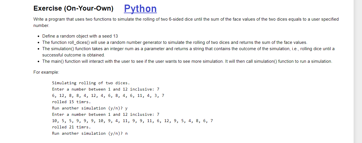 Solved Exercise (On-Your-own) Python Write a program that | Chegg.com