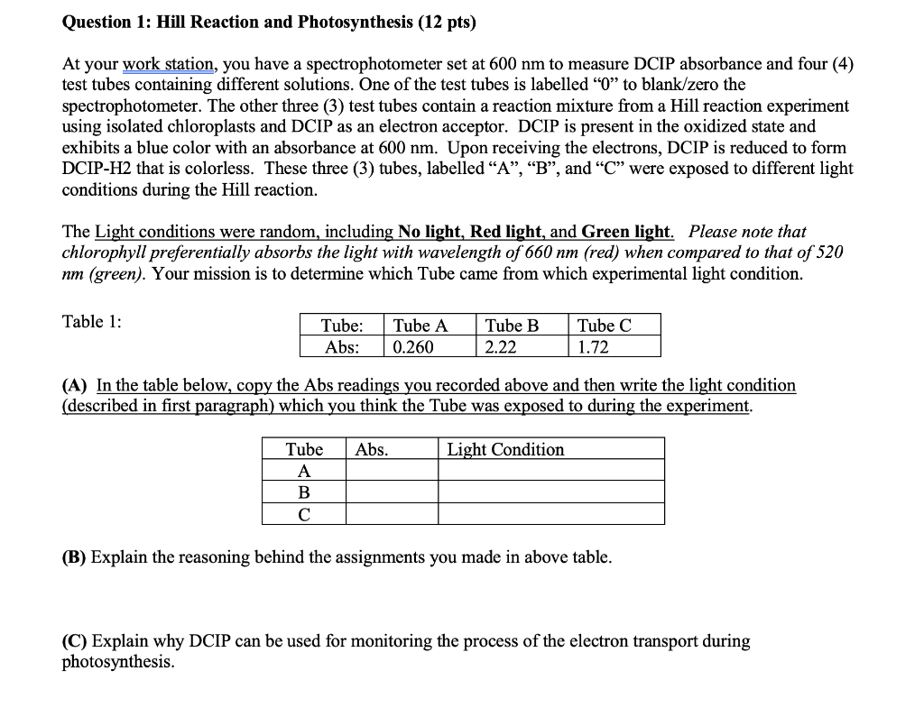 Solved Question 1: Hill Reaction and Photosynthesis (12 pts) | Chegg.com