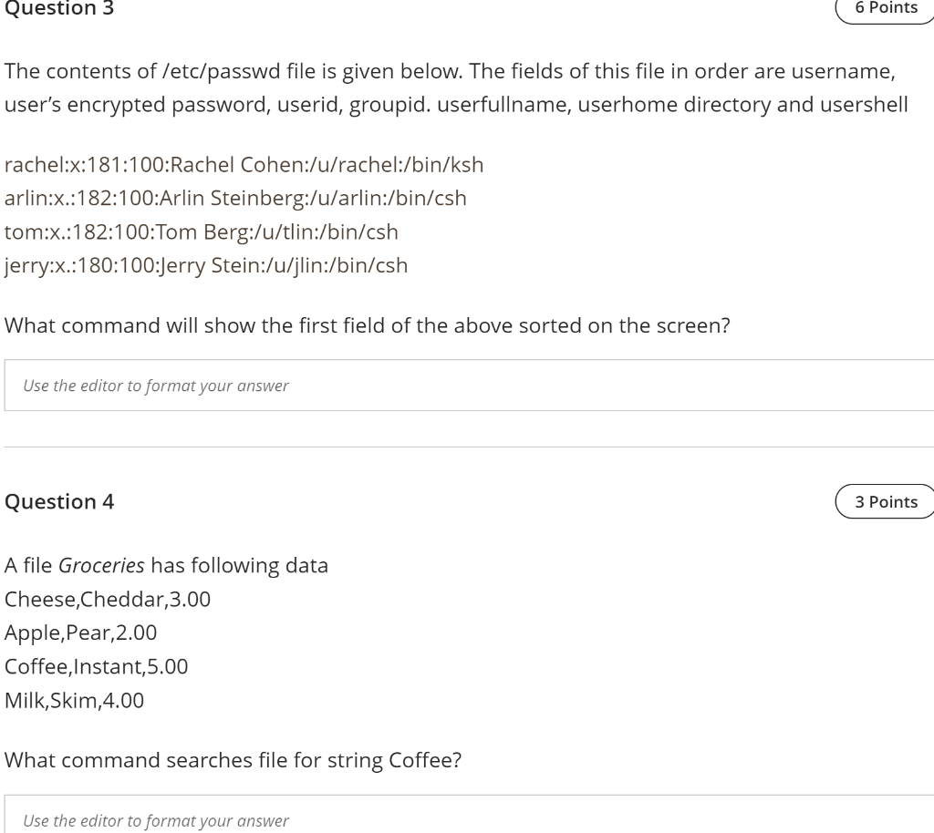 Solved Question 3 6 Points The Contents Of /etc/passwd File | Chegg.com