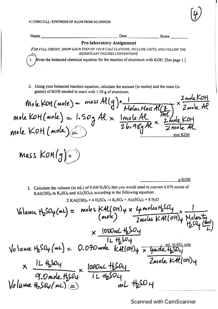 Solved (4 4 CHMISILL: SYNTHESIS OF ALUM FROM ALUMINUM Name | Chegg.com