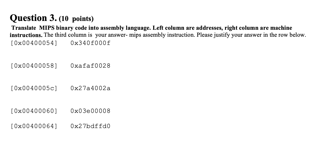 Solved Question 3. (10 Points) Translate MIPS Binary Code | Chegg.com