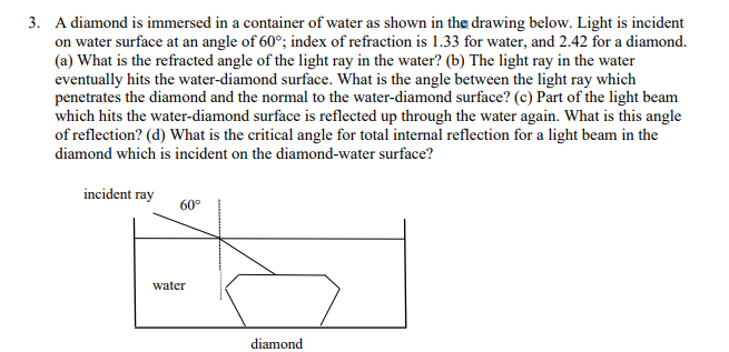 Solved 3. A diamond is immersed in a container of water as | Chegg.com