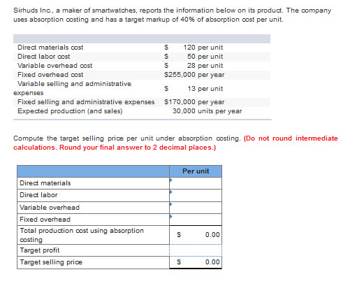 Solved Sirhuds Inc, a maker of smartwatches, reports the | Chegg.com