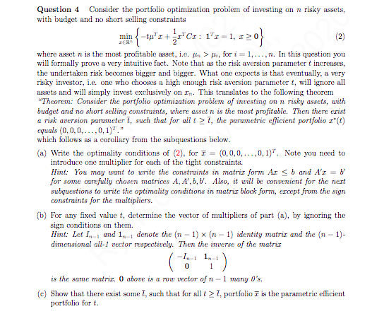 Portfolio Optimization Problem (2) Question 4 Consider the portfolio optimization | Chegg.com