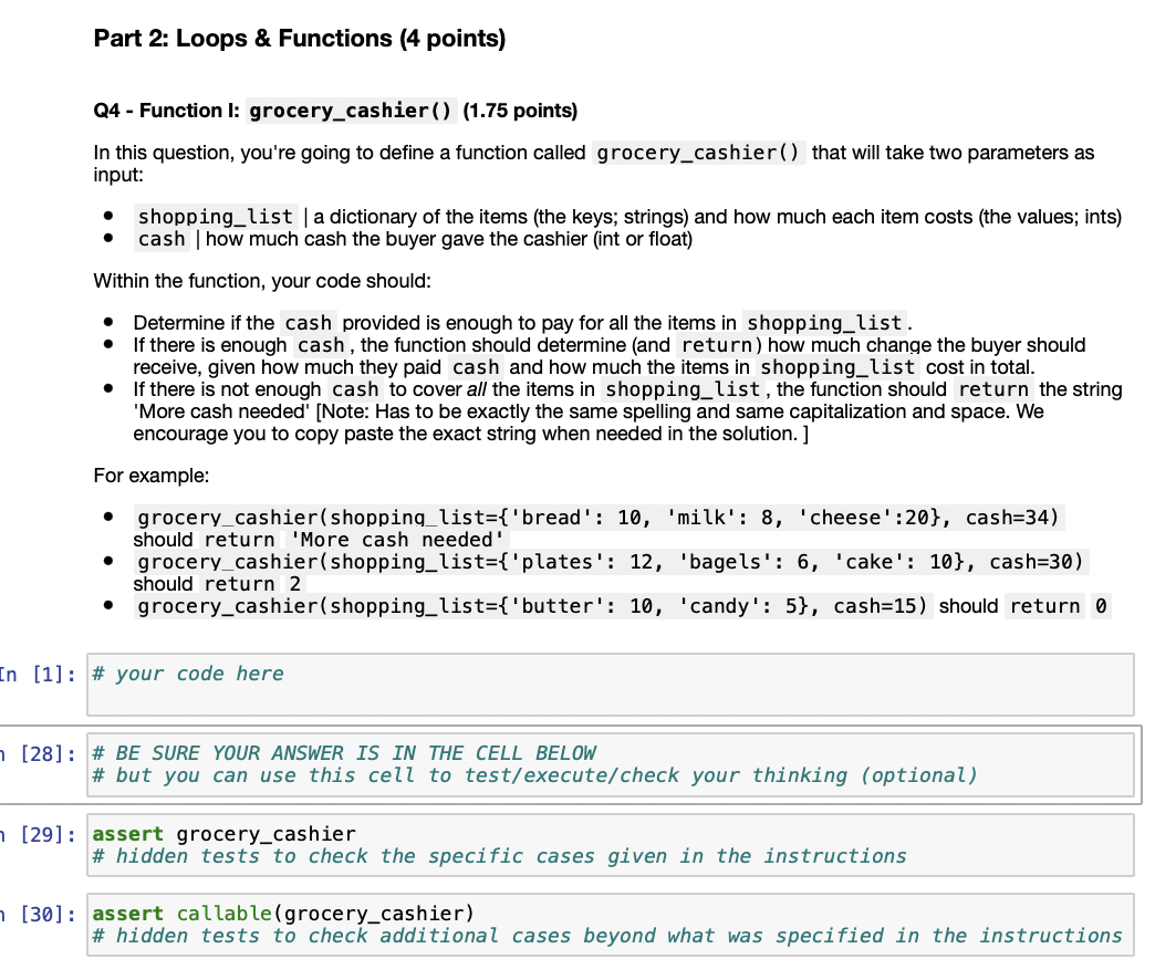 Solved Q4 Function I grocery_cashier() (1.75 points) In