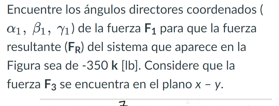 Encuentre los ángulos directores coordenados ( \( \alpha_{1}, \beta_{1}, \gamma_{1} \) ) de la fuerza \( F_{1} \) para que la