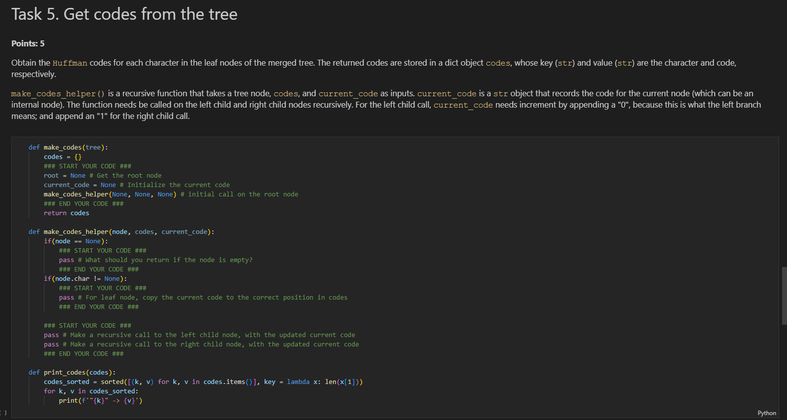 Solved ] Task 5. Get codes from the tree Points: 5 Obtain | Chegg.com